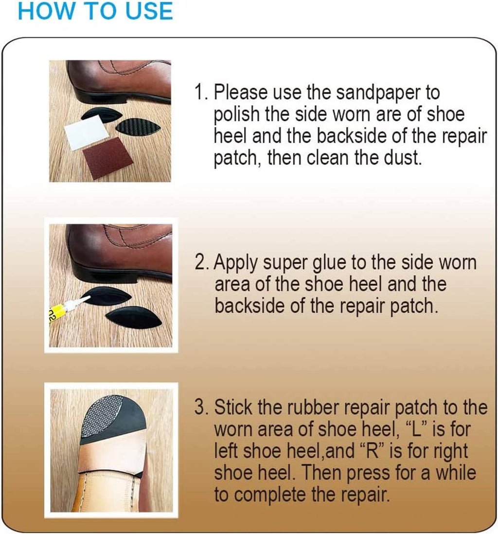 Instruction card showing sanding and gluing steps for shoe heel patch repair