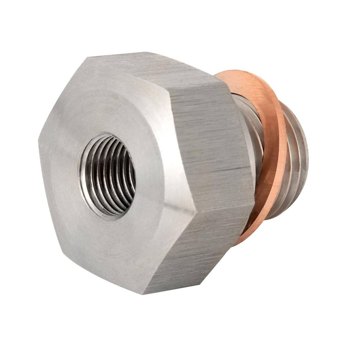 Oil pressure sensor adapter with internal threads, brushed metal body and copper seal