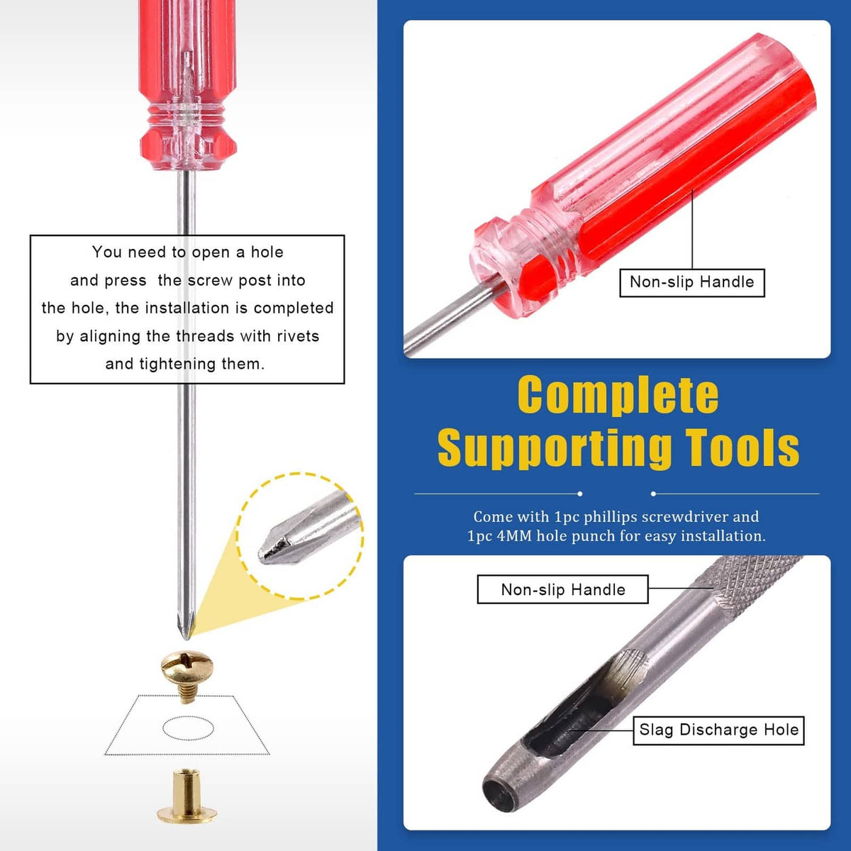 Installation tools for Chicago screws: 4mm punch and 1 screwdriver with flat-head post