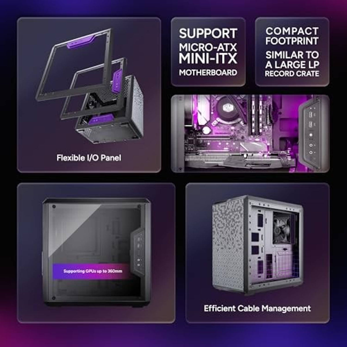 Black micro-ATX PC case with open I/O area, front window, and interior cable routing.