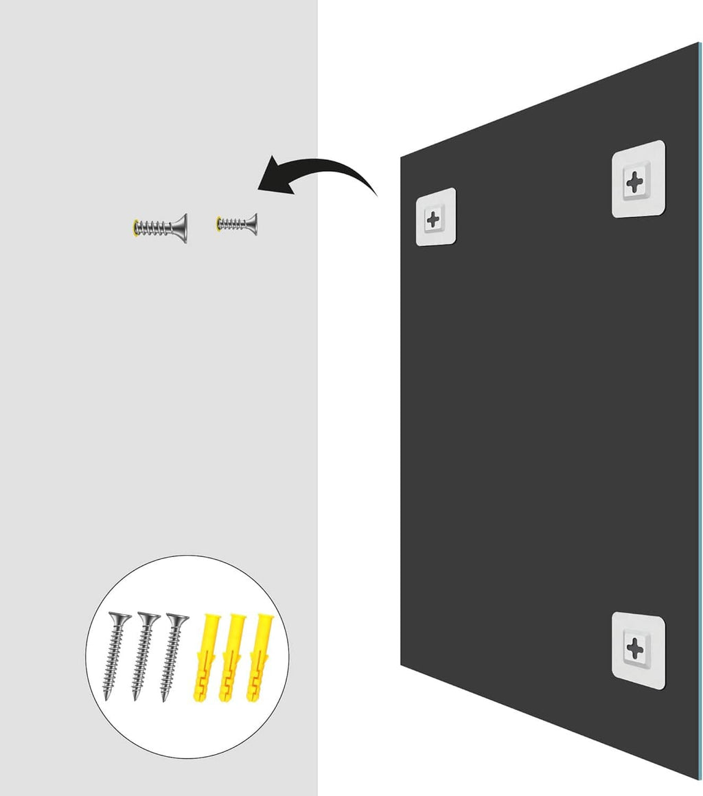 Unframed rectangular bathroom mirror with corner mounting holes and included screws