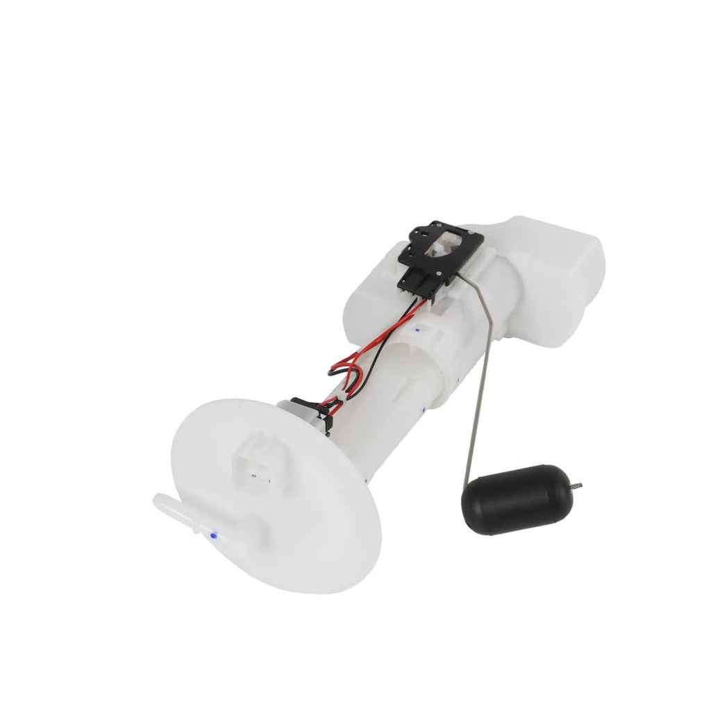 Fuel pump assembly showing wiring connector, red/black leads, and white plastic tank mount