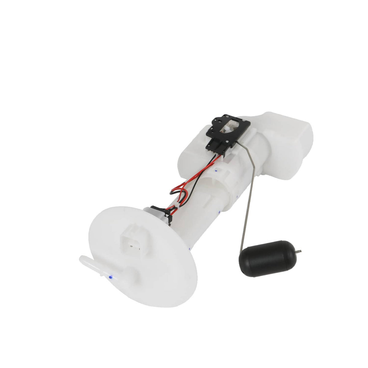 Fuel pump assembly showing wiring connector, red/black leads, and white plastic tank mount