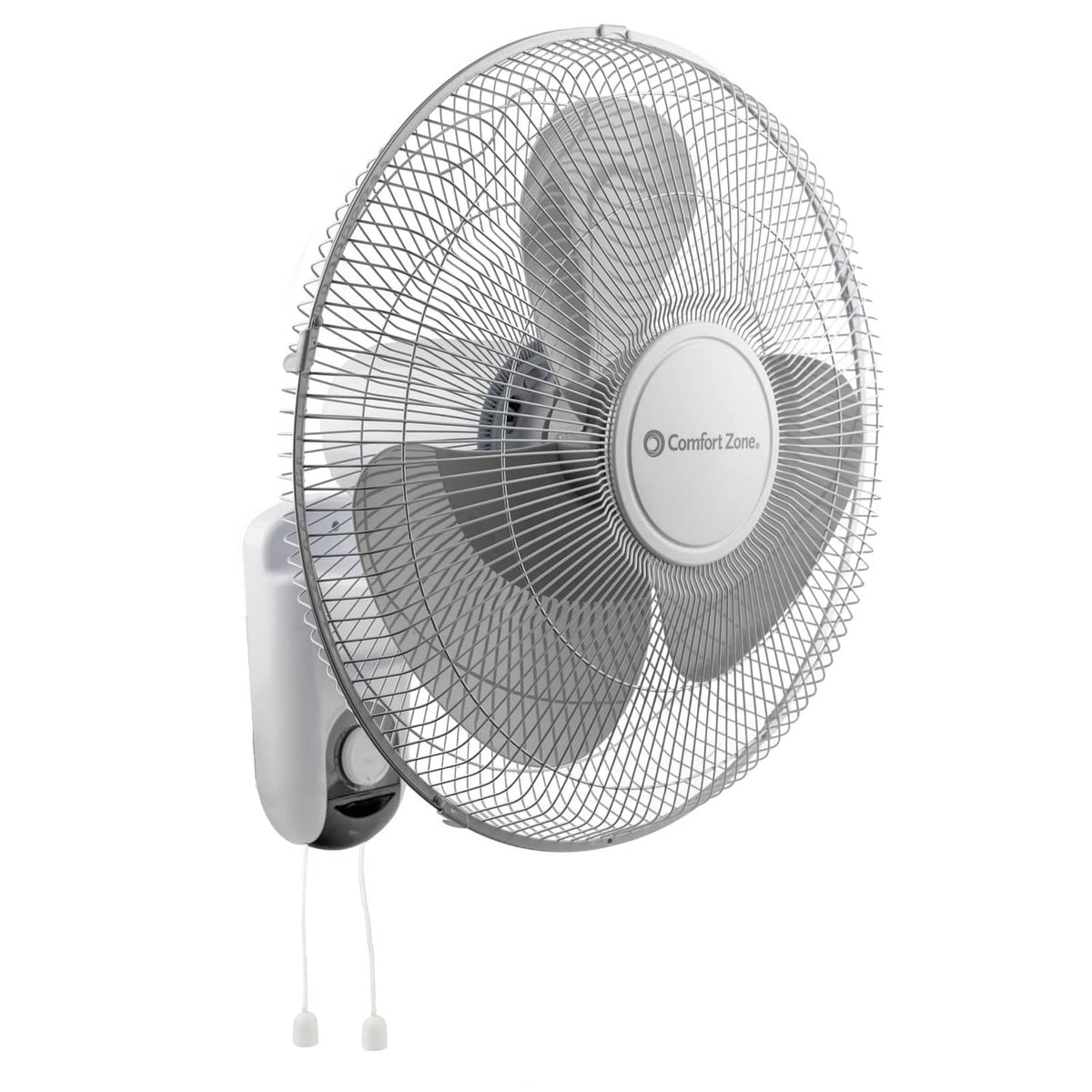 Comfort Zone wall mount oscillating fan with protective grille and adjustable tilt
