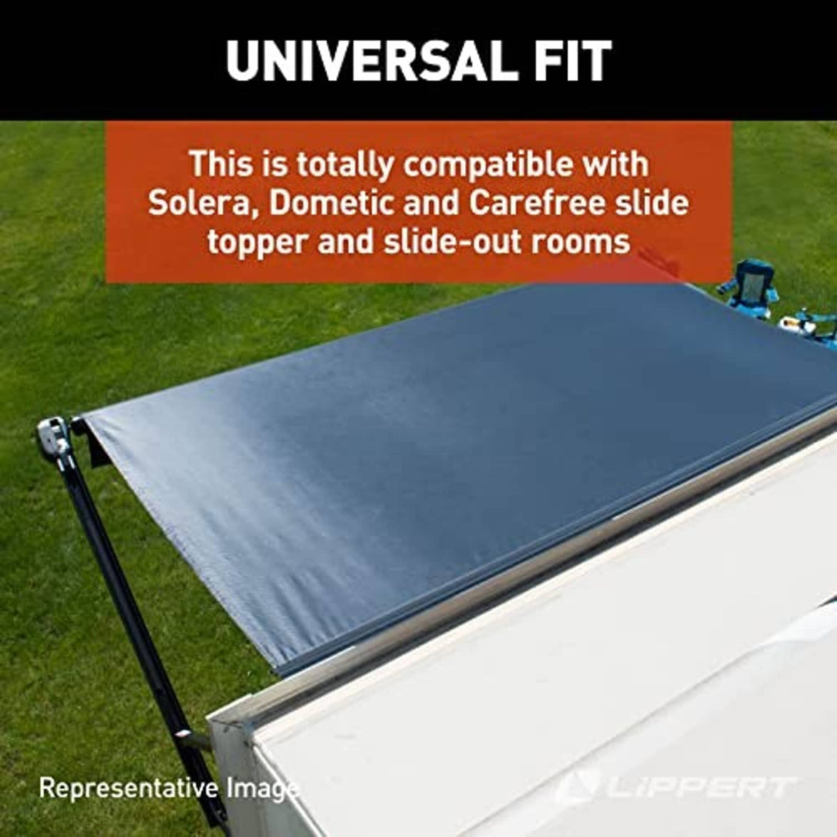 Universal-fit slide-topper replacement fabric laid over RV slide-out room, dark gray