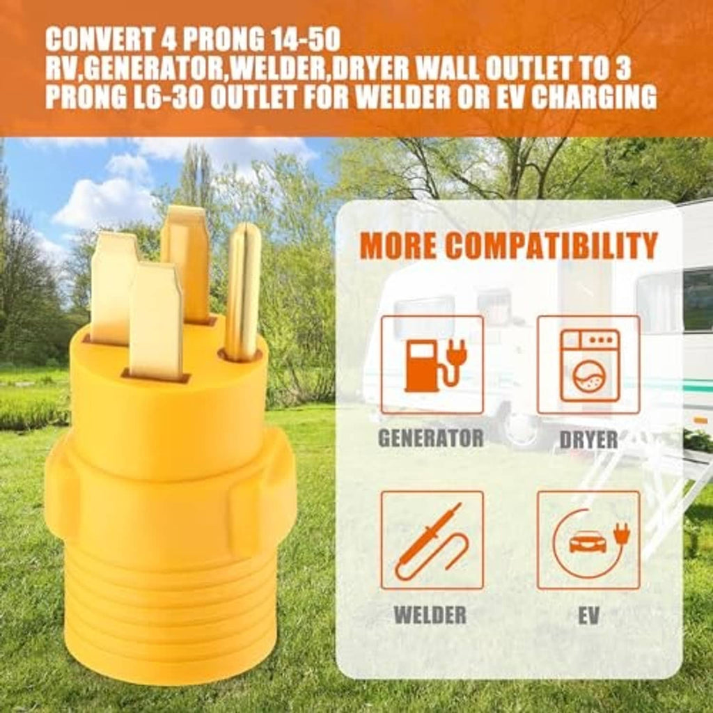 Yellow adapter plug with compatibility icons for generator, dryer, welder, and EV