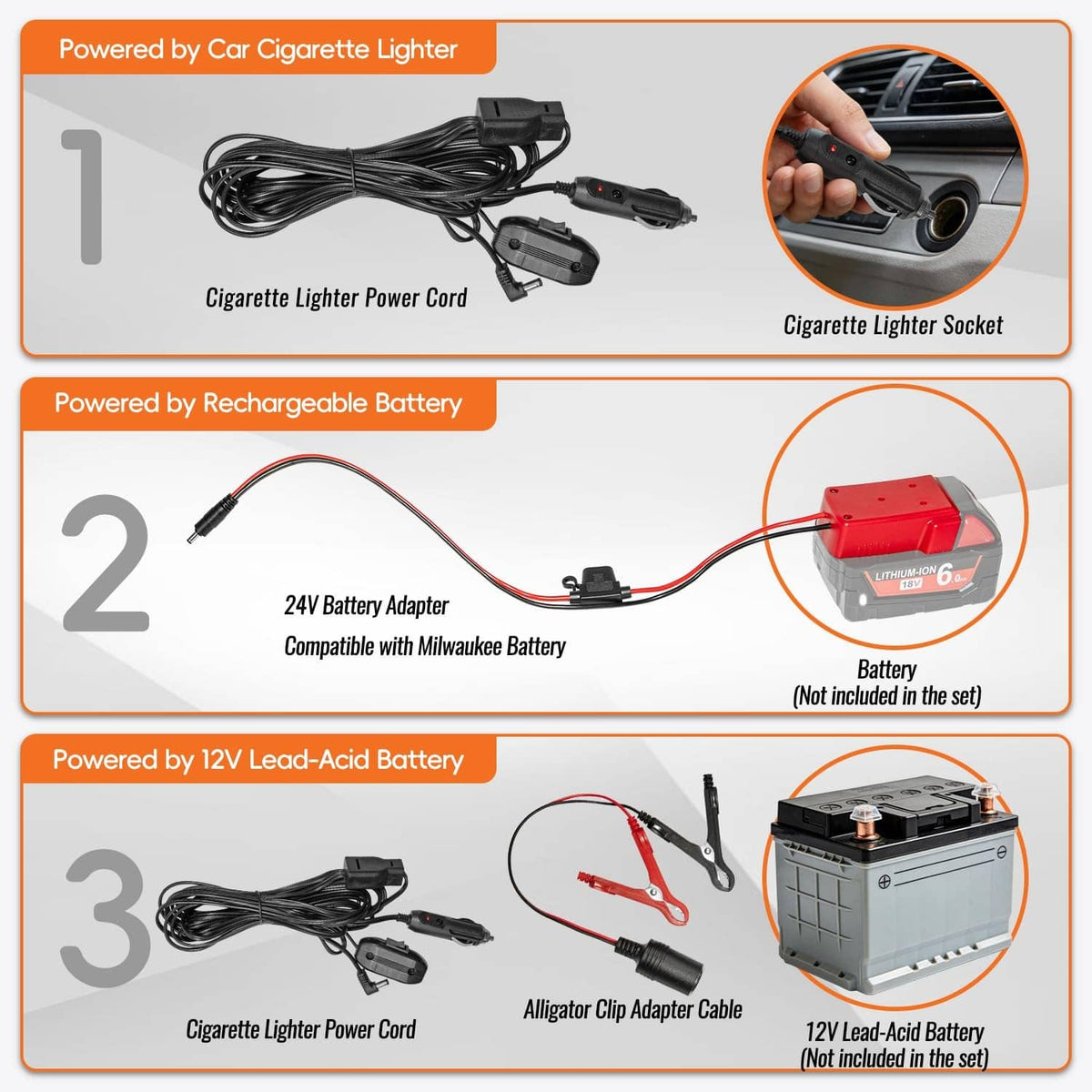 Fuel transfer pump kit with cigarette-lighter power cord, 24V battery adapter, clips