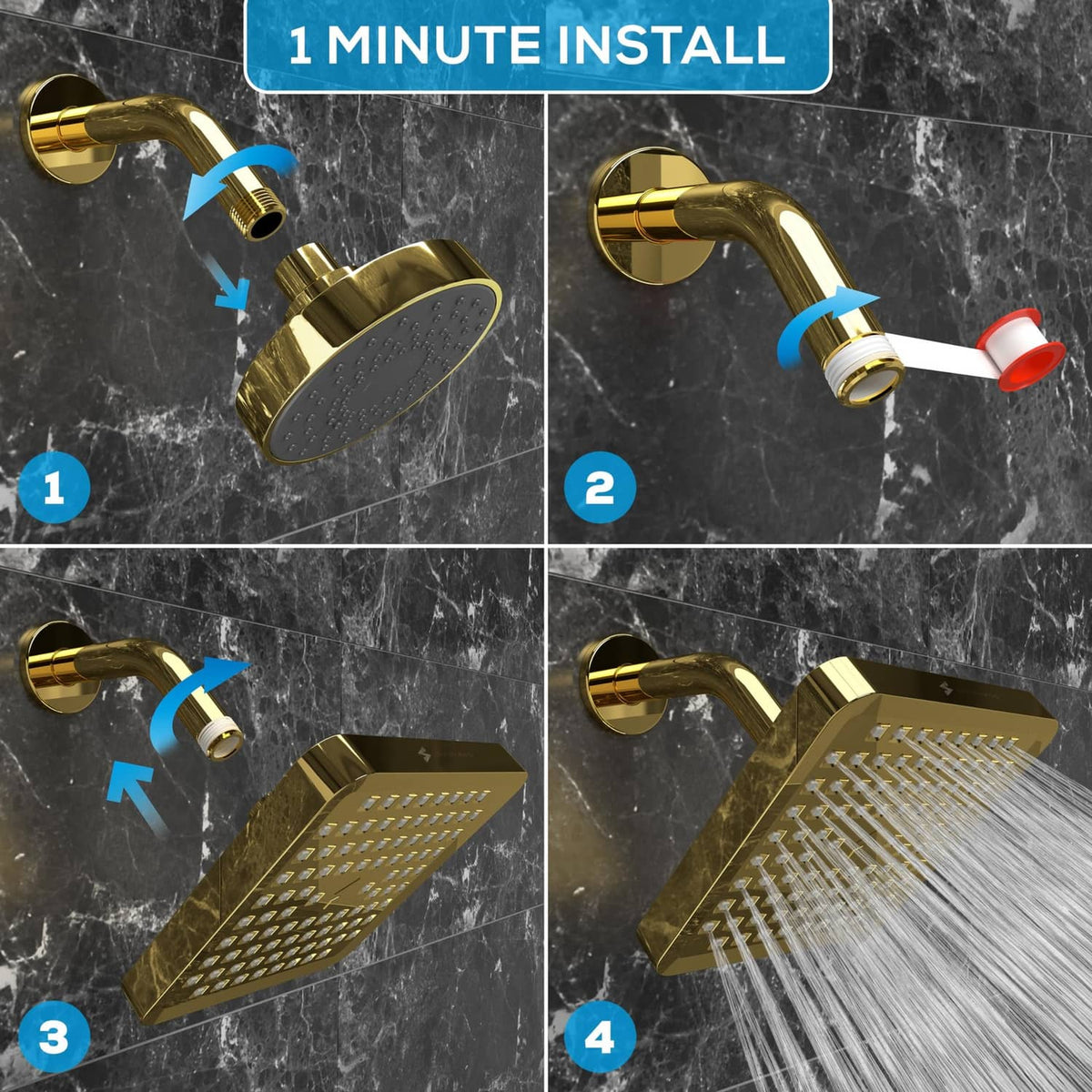 Egyptian gold square rain shower head installation with wall mount and hose