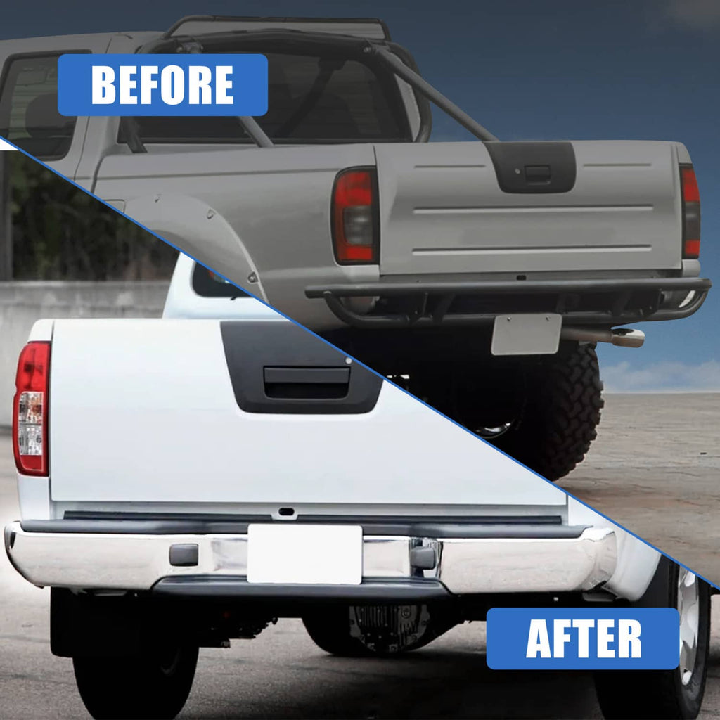 Rear step bumper assembly showing before-and-after upgrade with black step pad