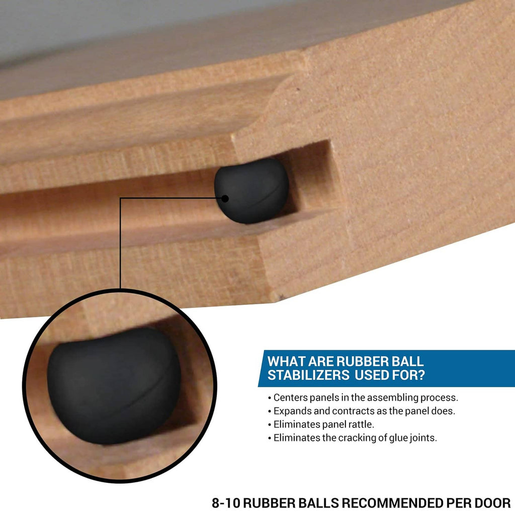 Black rubber ball spacer in wood groove for cabinet doors