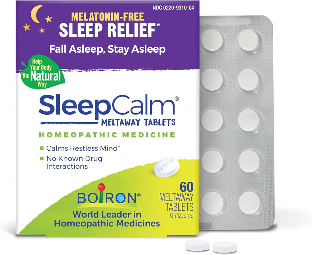Melatonin-free sleep relief tablets box and blister pack with white tablets, 60 count