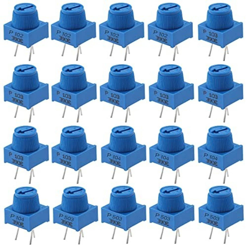 Blue 3-pin trimpot potentiometers, front view, adjustable screw caps