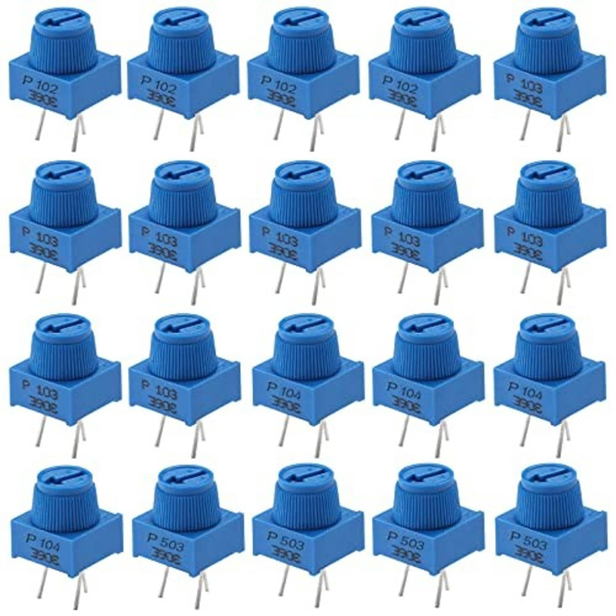 Blue 3-pin trimpot potentiometers, front view, adjustable screw caps