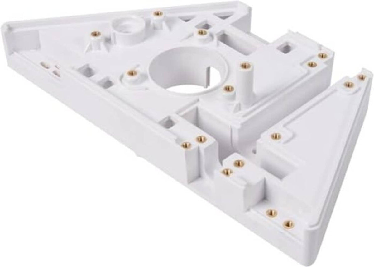White pool vacuum head base plate with circular opening and mounting holes