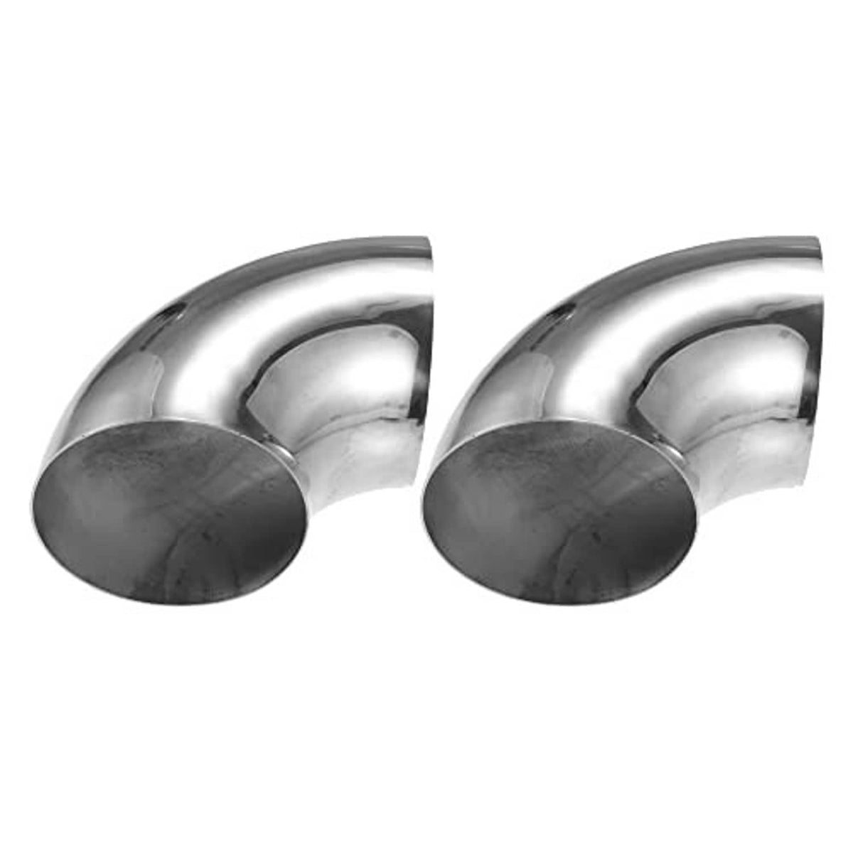 Pair of stainless steel 90-degree exhaust elbow pipes with round end openings