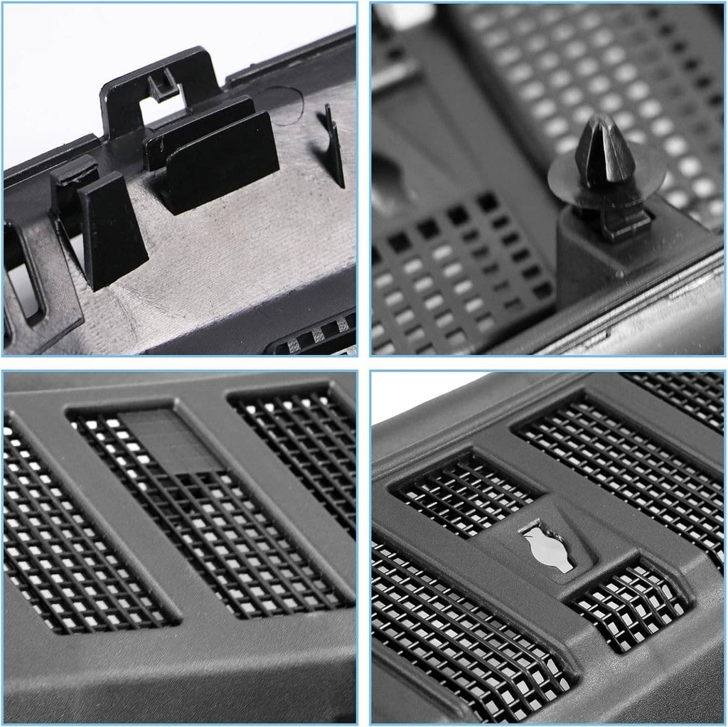 Black cowl panel close-up showing mounting points and vented grille texture