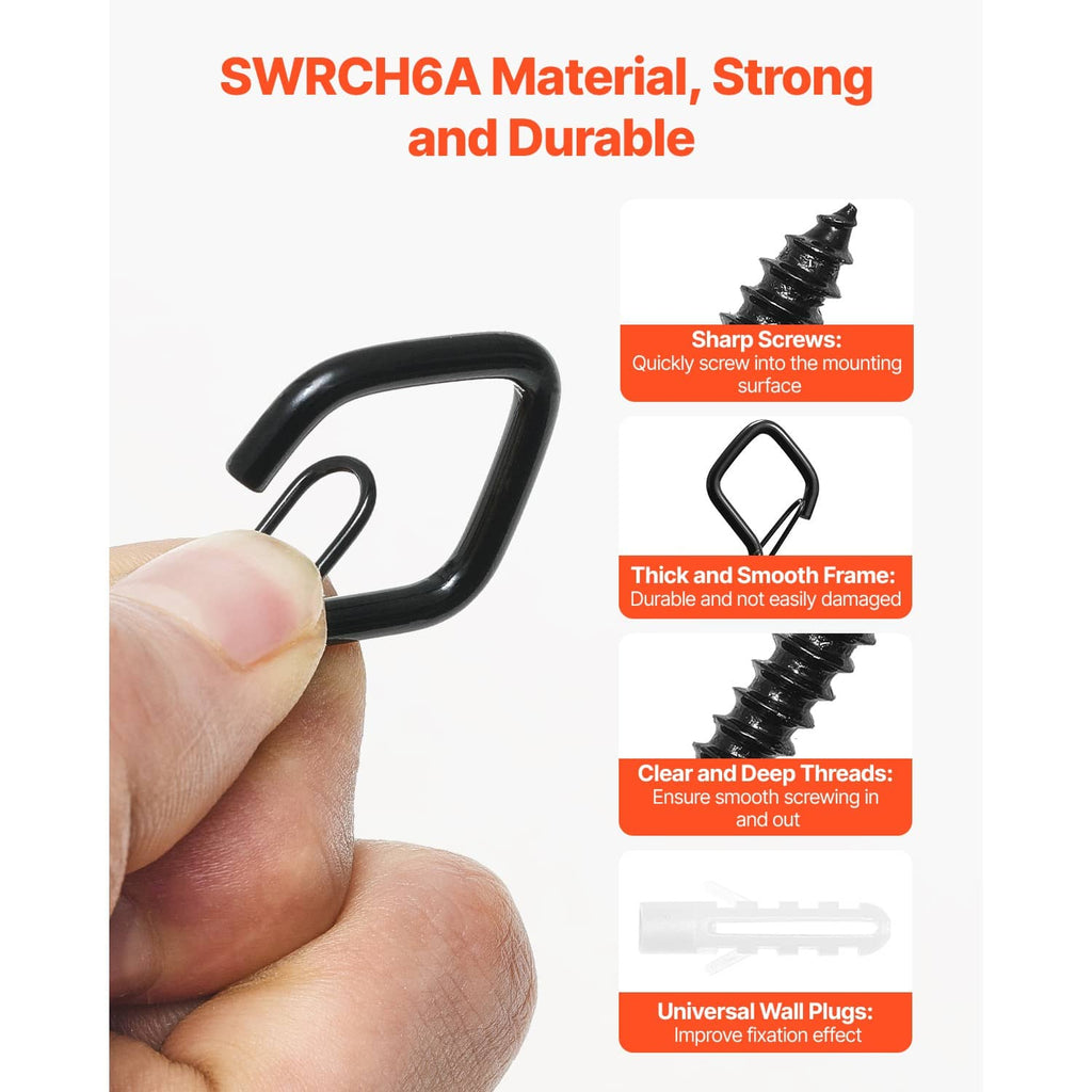 Black Q-shaped screw hook with deep threads and smooth frame