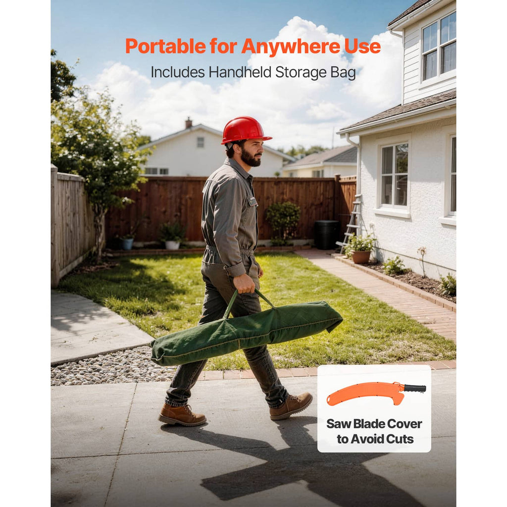 Pole saw pruner with green storage bag and orange saw blade cover for transport