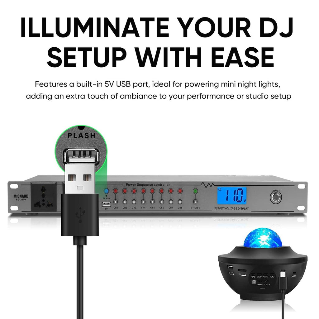 Rack power conditioner with 5V USB port and connected device cabling at the front