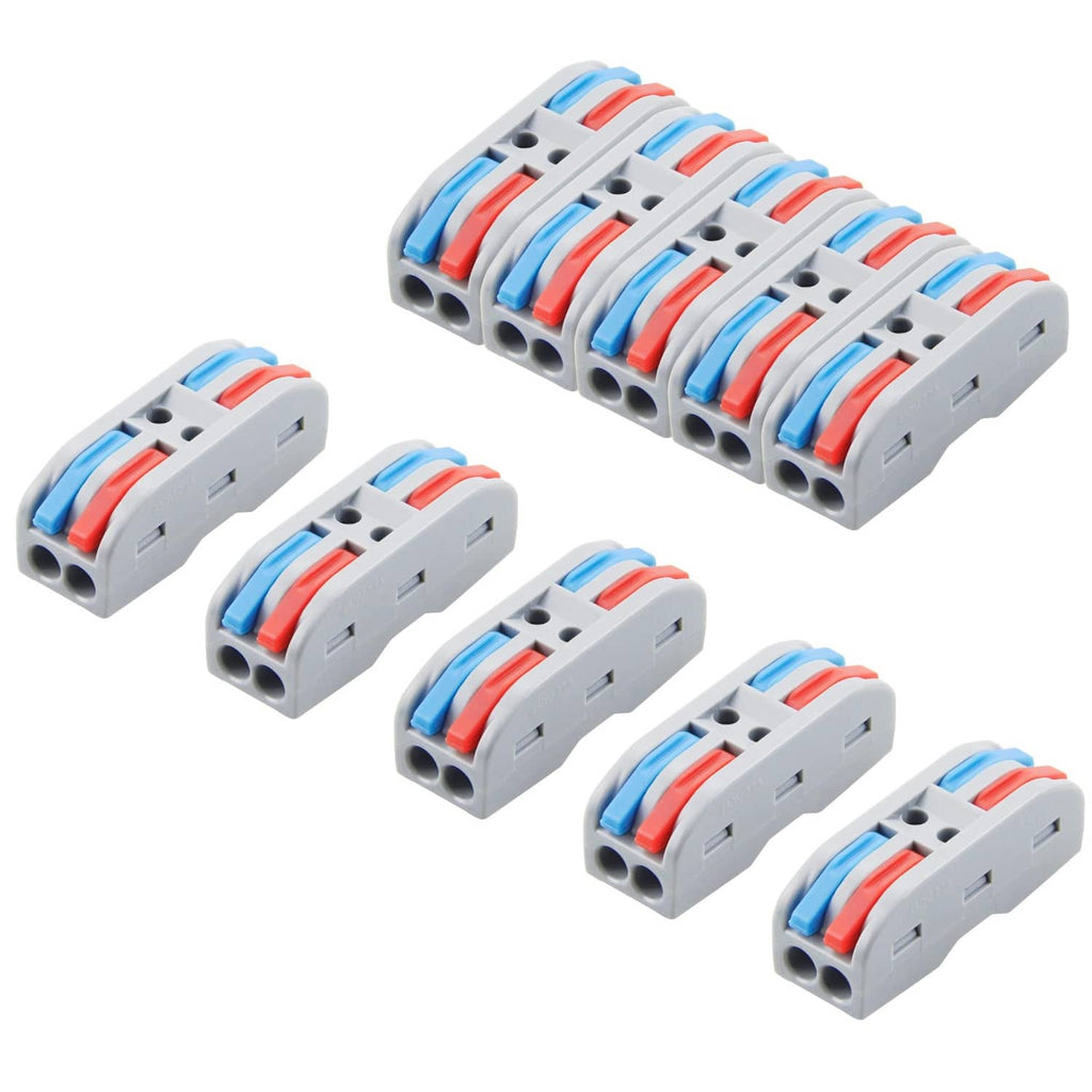 Set of gray push-in lever wire connectors with red and blue levers, dual-port design