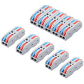 Set of gray push-in lever wire connectors with red and blue levers, dual-port design