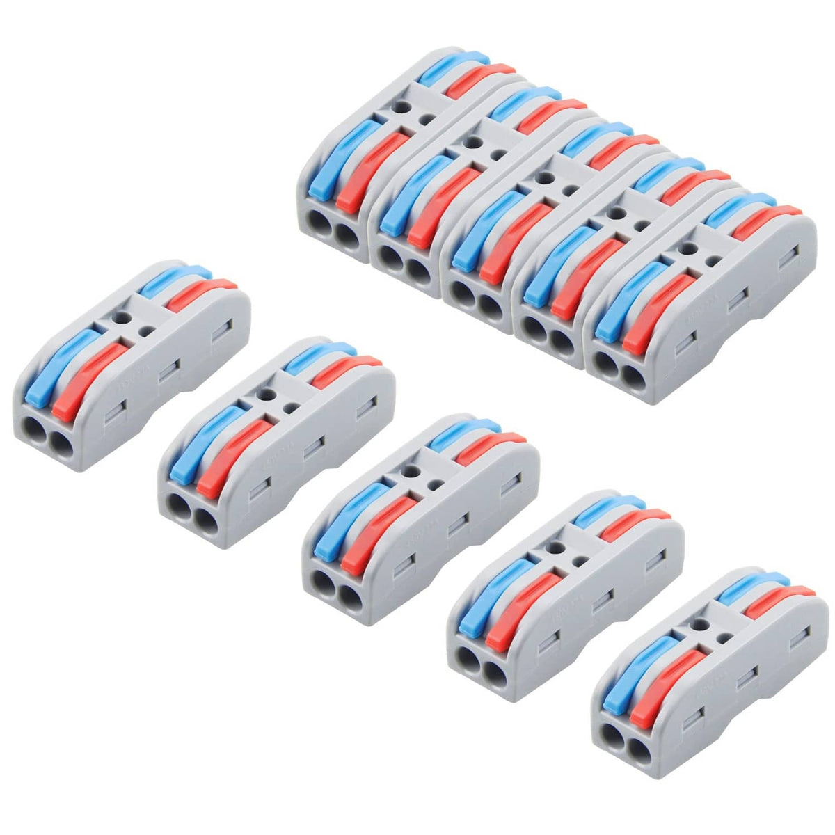 Set of gray push-in lever wire connectors with red and blue levers, dual-port design