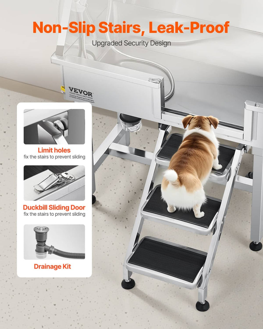 Pet grooming tub with non-slip stairs and sliding duckbill door, leak-proof design