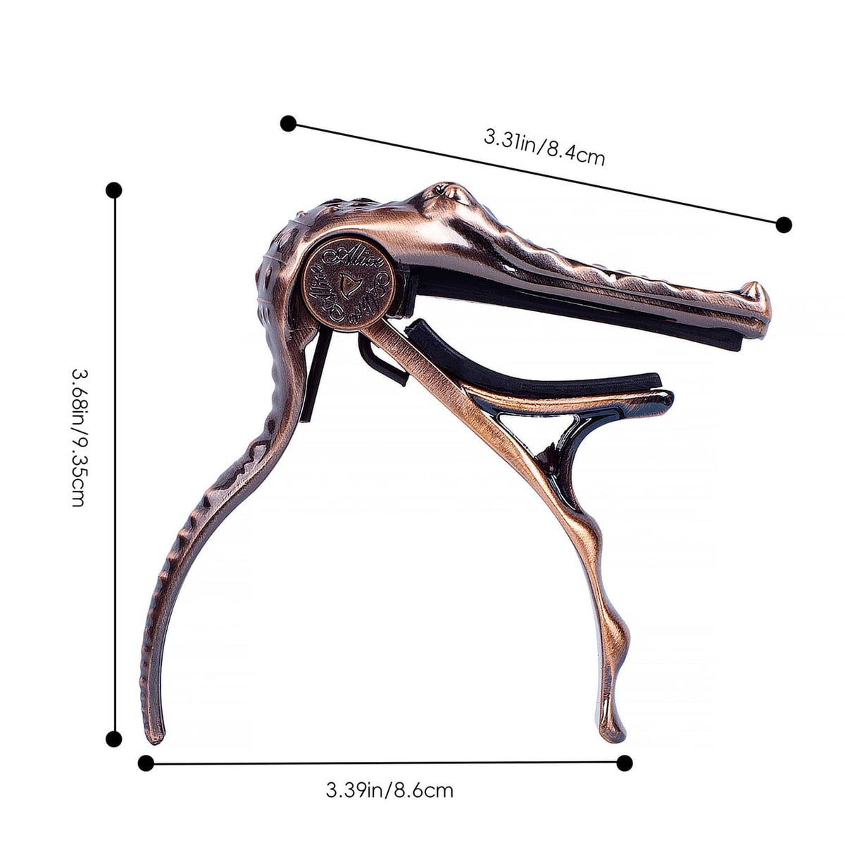 Bronze alligator-style guitar capo shown with size guide, side angle