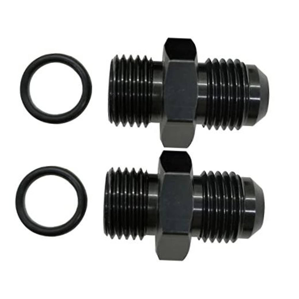 10AN ORB fuel pump rail fitting adapter with two black O-rings, two-piece set