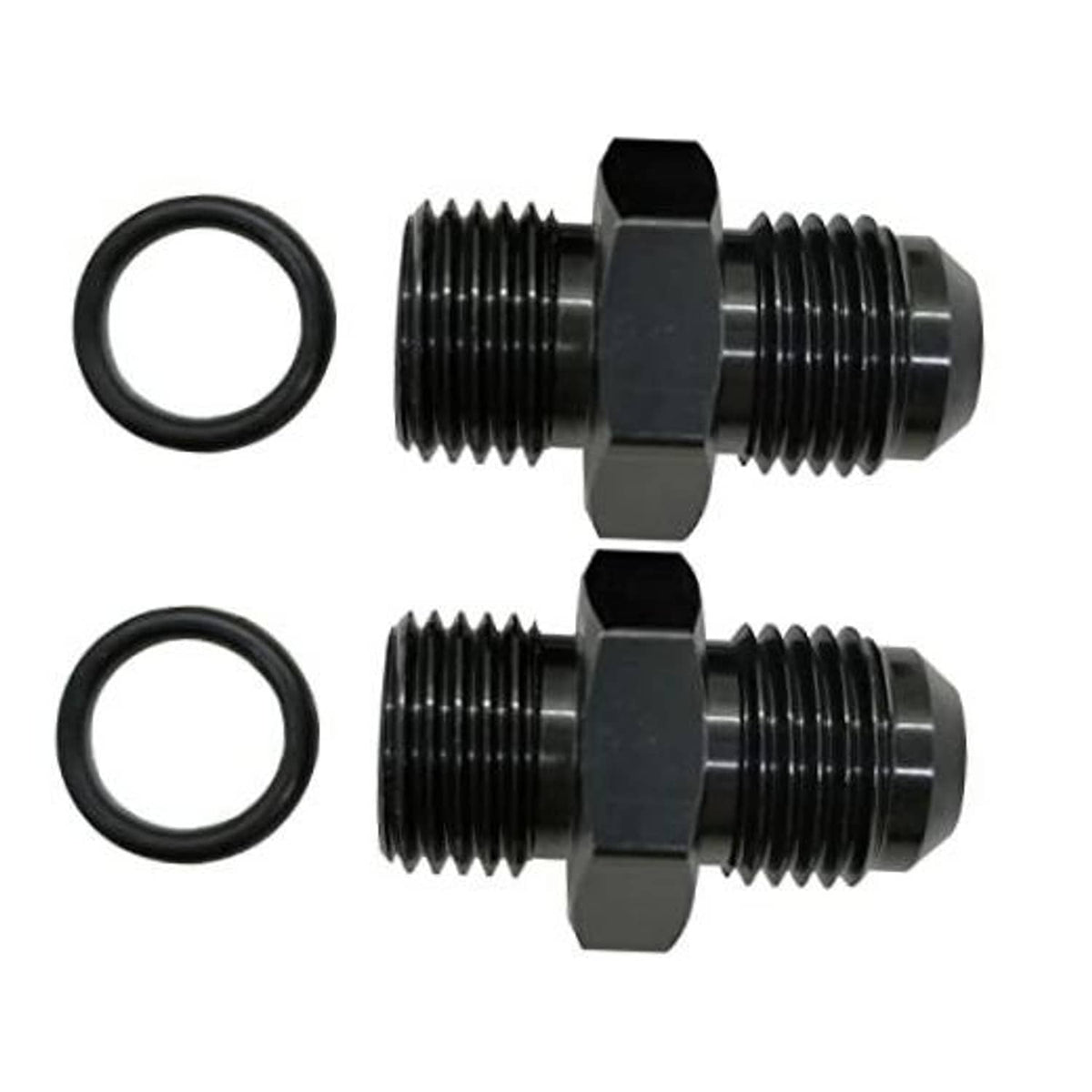 10AN ORB fuel pump rail fitting adapter with two black O-rings, two-piece set