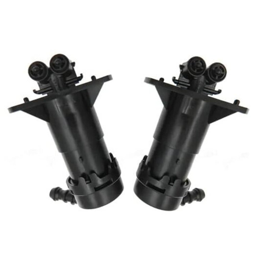 Pair of black headlight washer nozzle jet sprayer units with mounting arms and spray jets