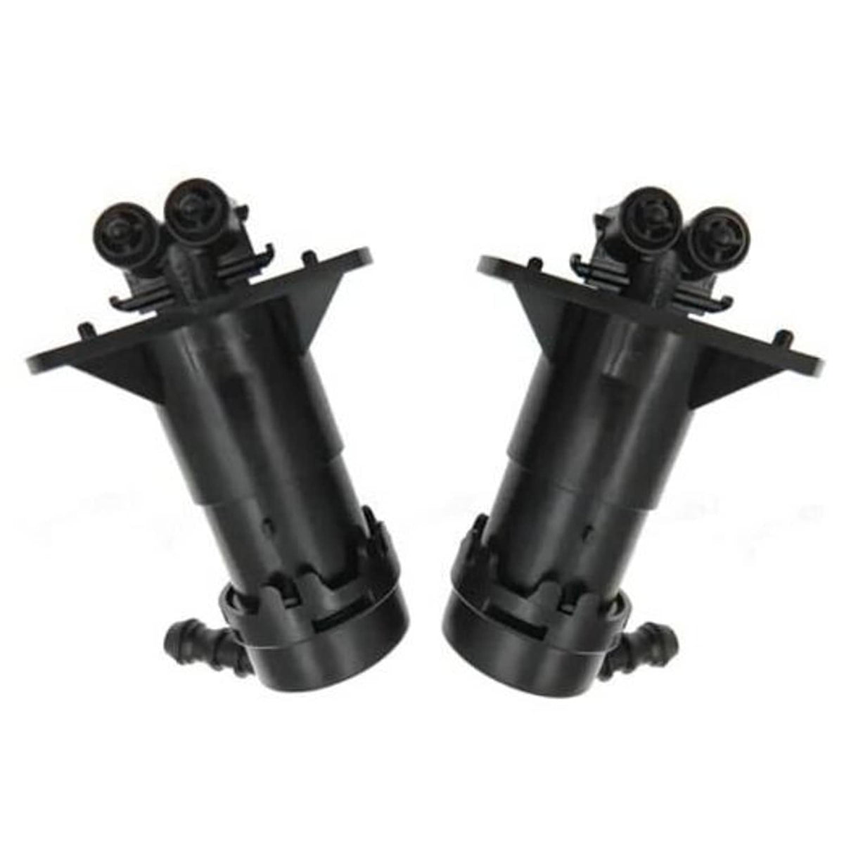Pair of black headlight washer nozzle jet sprayer units with mounting arms and spray jets