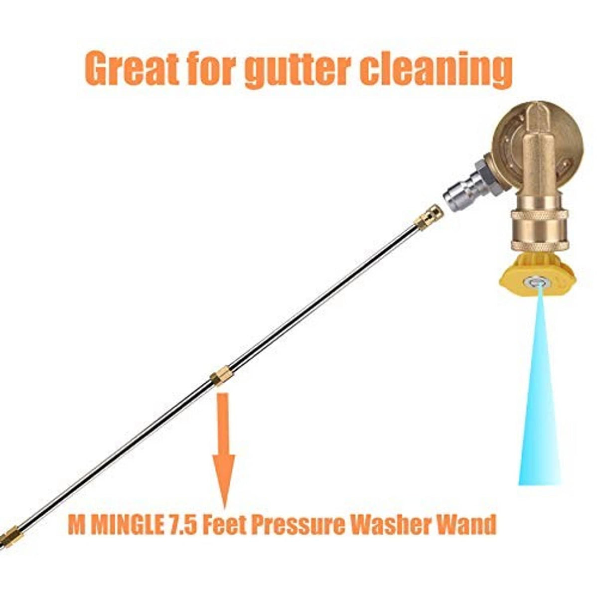 Brass pivoting coupler connected to pressure washer wand for gutter cleaning