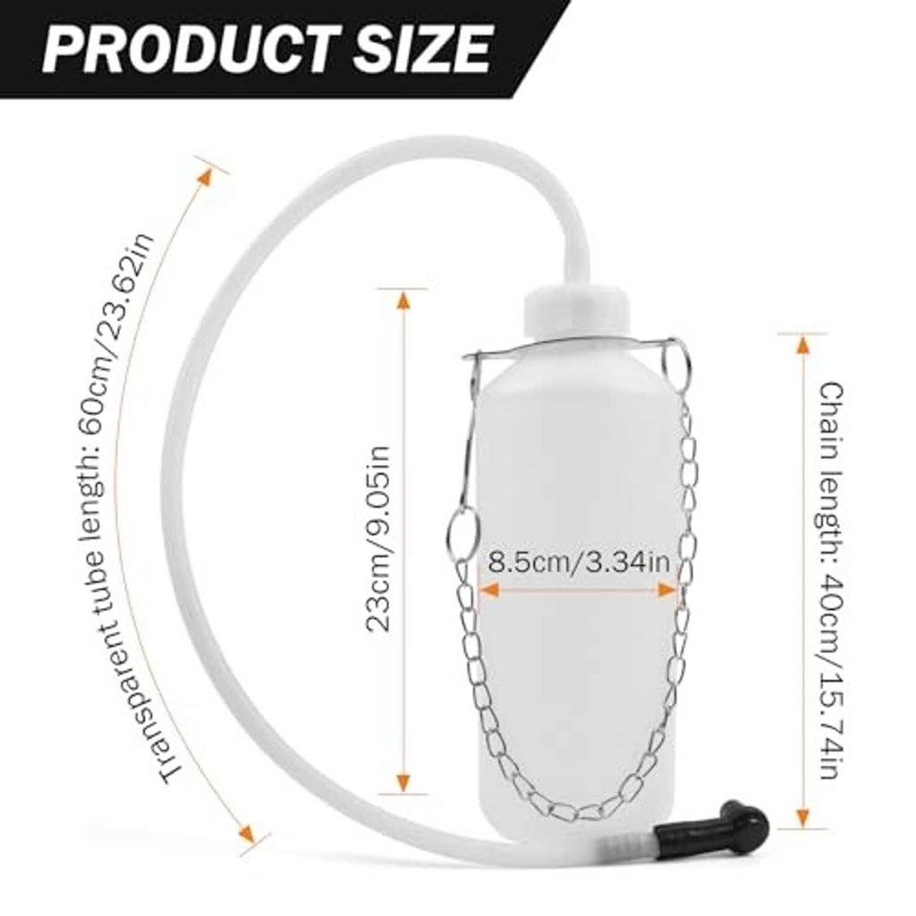 Brake fluid bleeder bottle kit with hose tube, chain lanyard, and rubber outlet cap