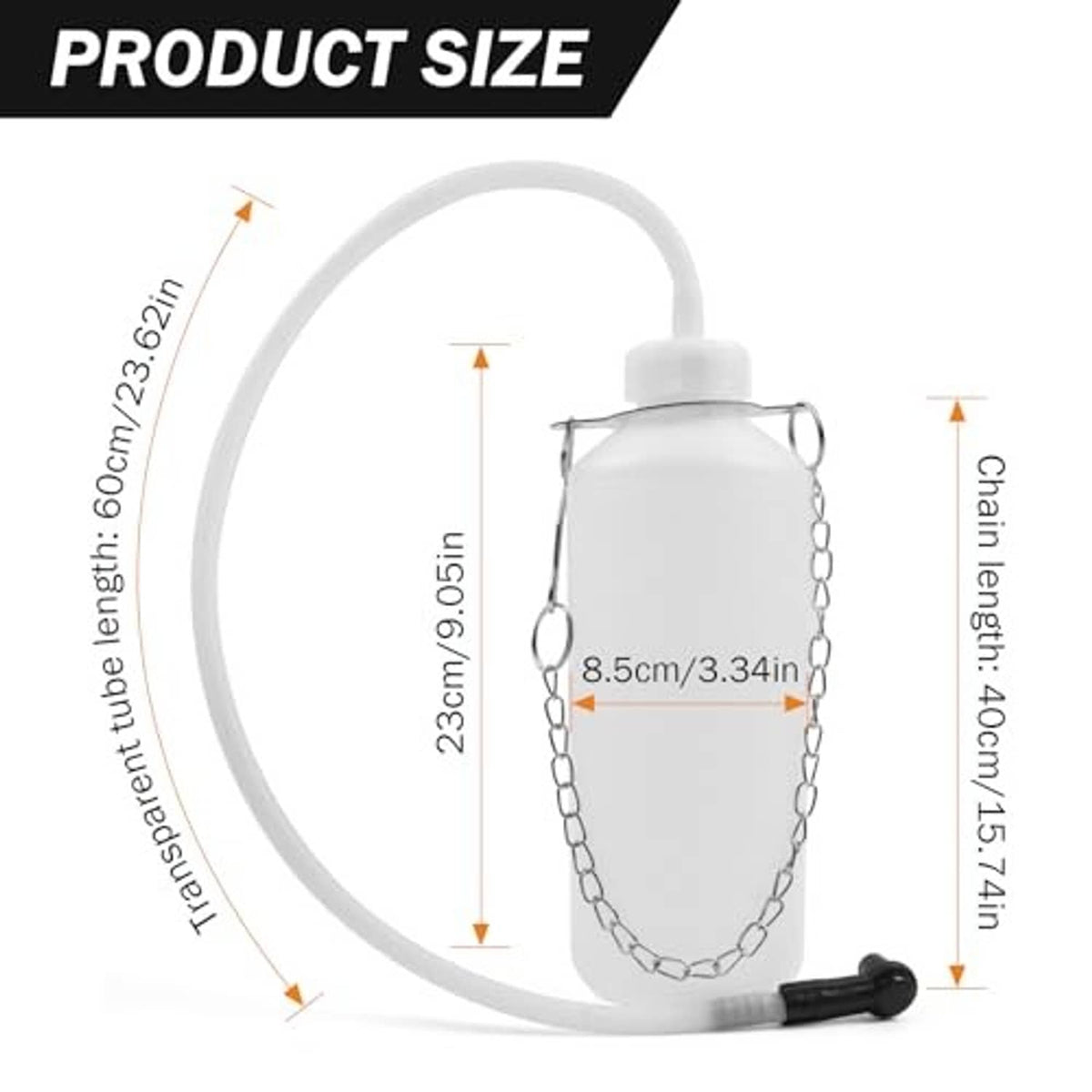 Brake fluid bleeder bottle kit with hose tube, chain lanyard, and rubber outlet cap