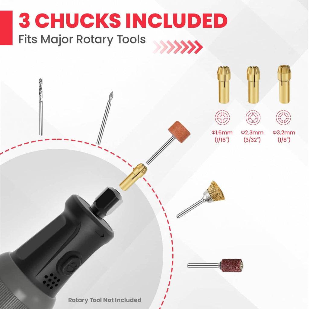 Rotary tool accessories with 3 included chucks and assorted sanding and cutting bits