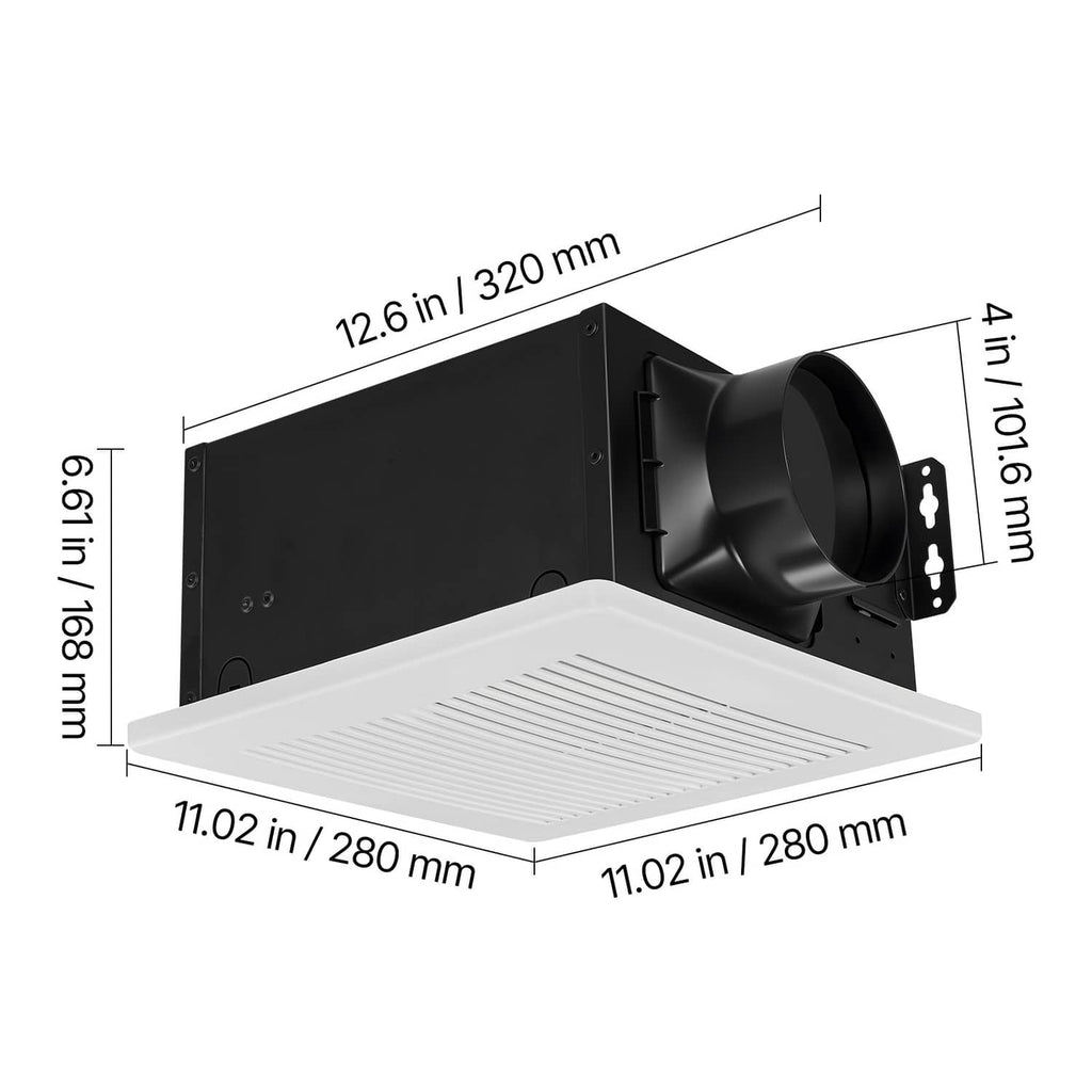 Bathroom ventilation fan with black duct outlet and square white grille, angled size view