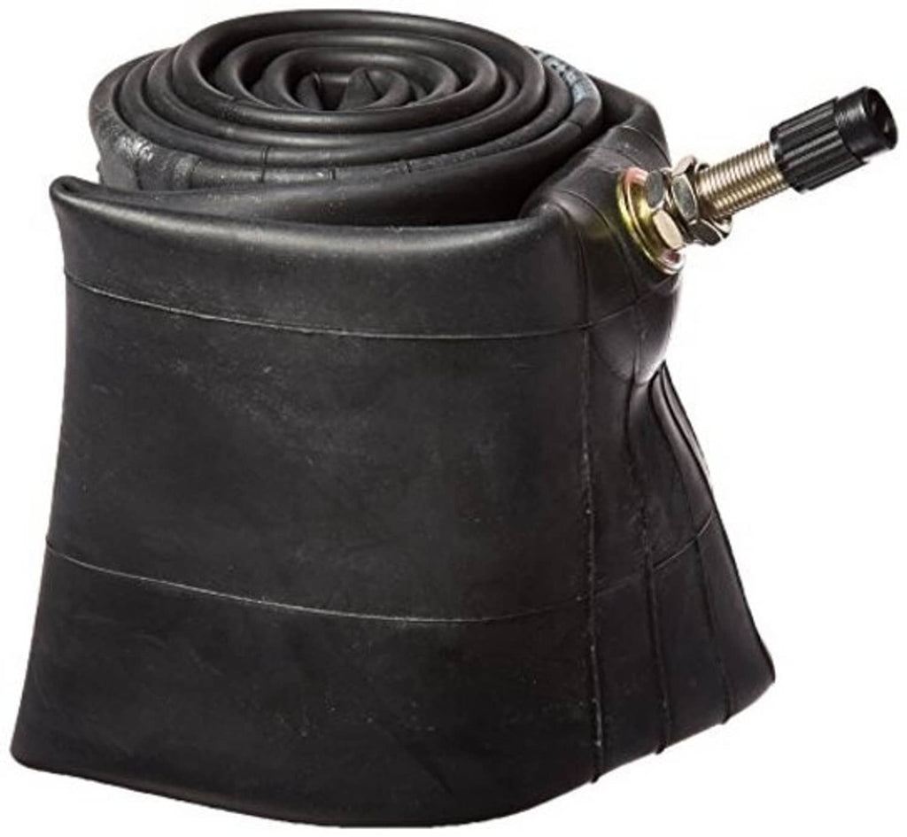 Black motorcycle inner tube, coiled with valve stem and metal connector