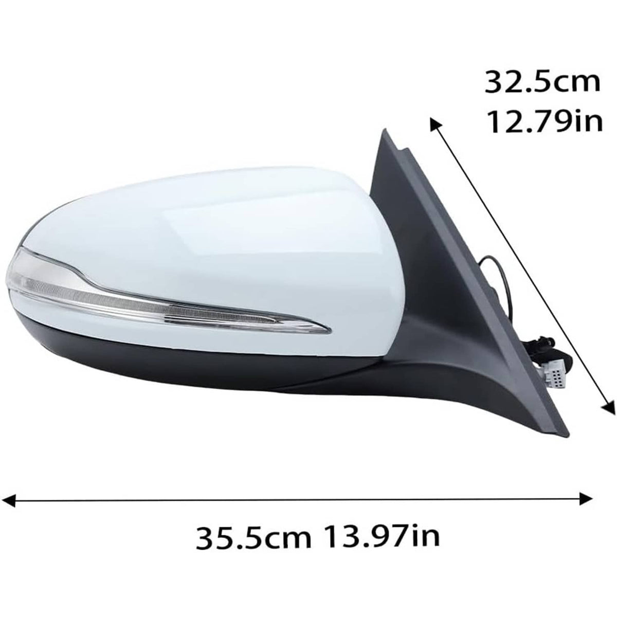 Heated blind spot side mirror dimensions view, white cap and black housing