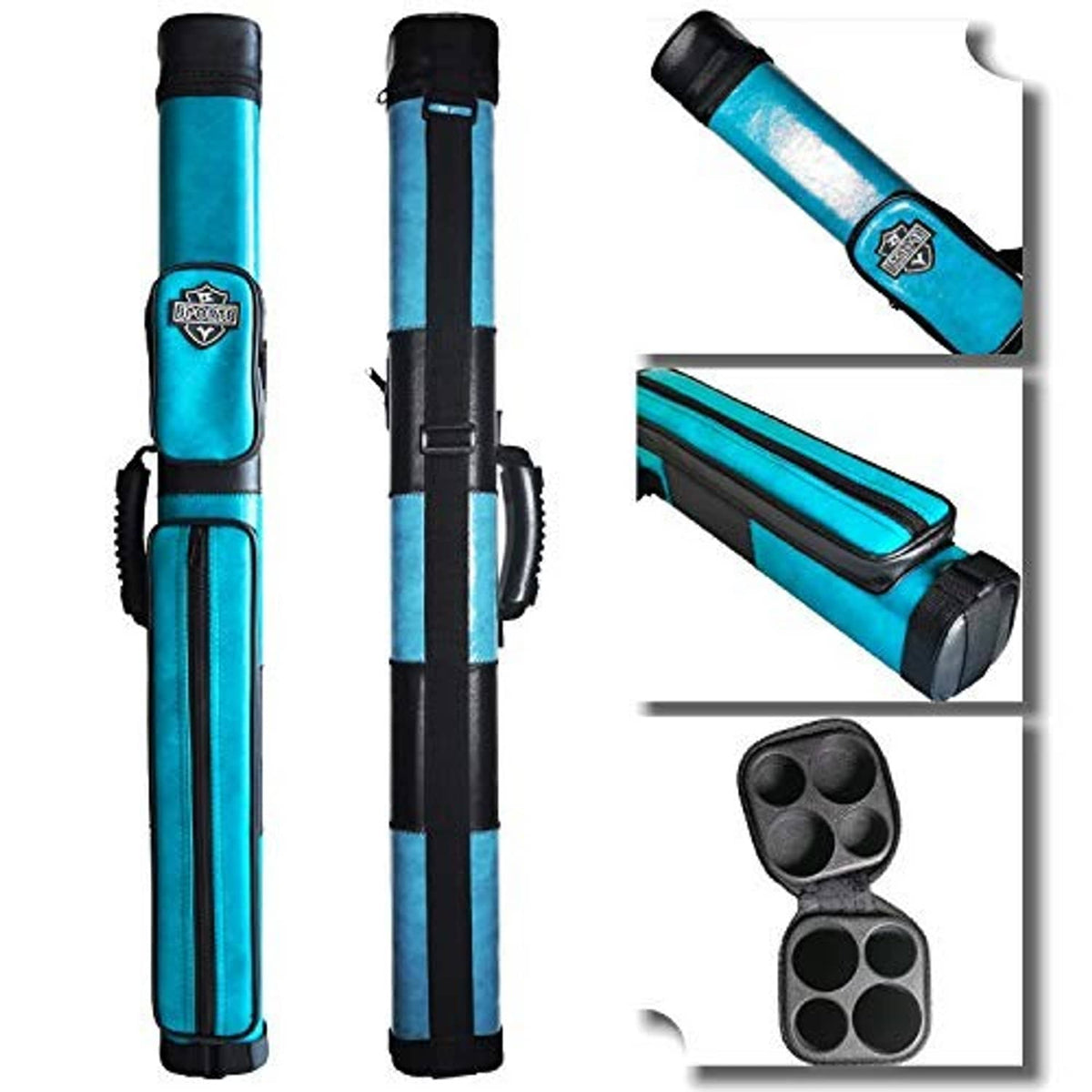 Turquoise and black 2-cue cue case with cutaway views of protective compartments