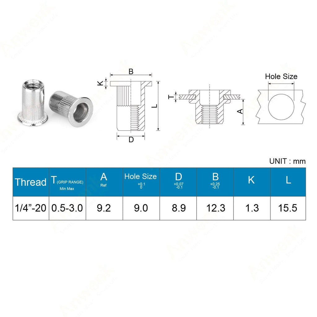 Stainless steel 1/4"-20 rivet nuts with dimension diagram and hole size