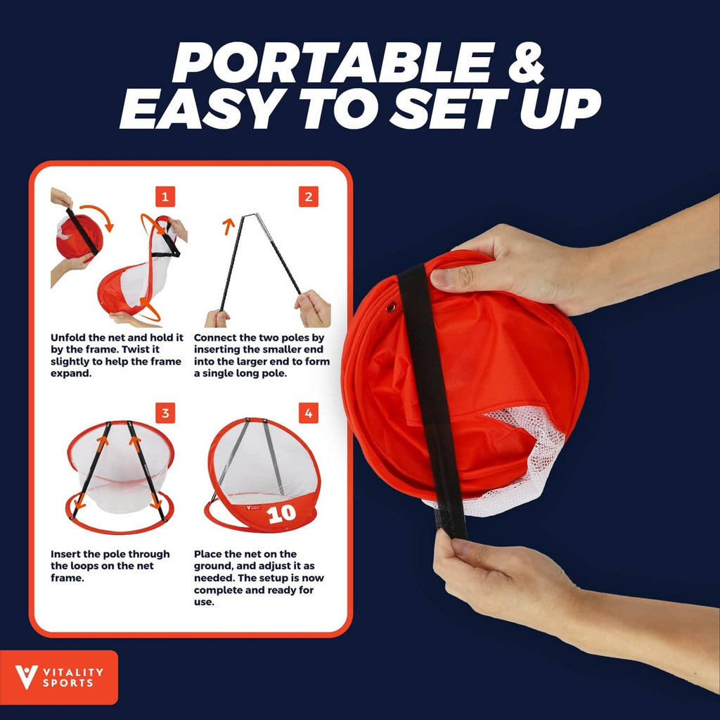 Foldable golf chipping target net with red frame being unfolded for setup