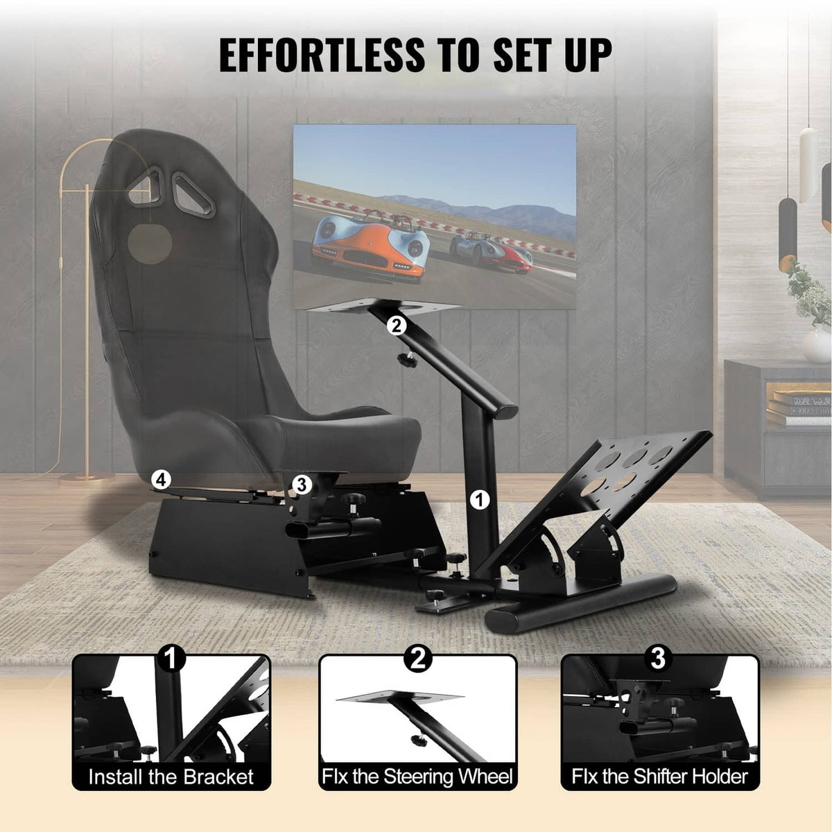 Racing simulator cockpit with gray seat and steering wheel base with shifter holder