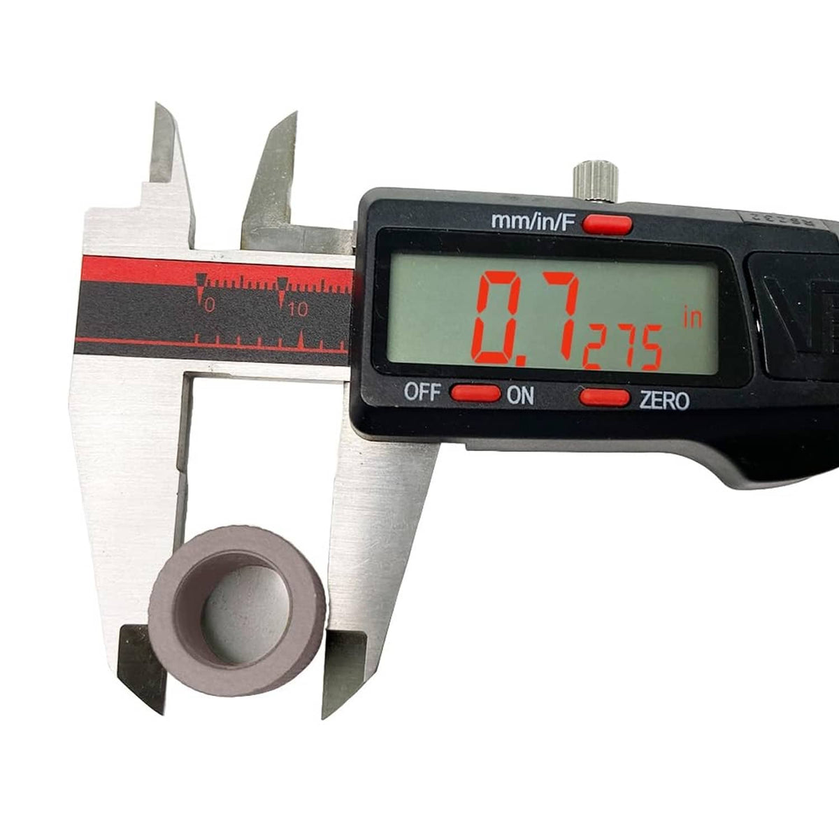 Tan crush washer ring with digital caliper measurement