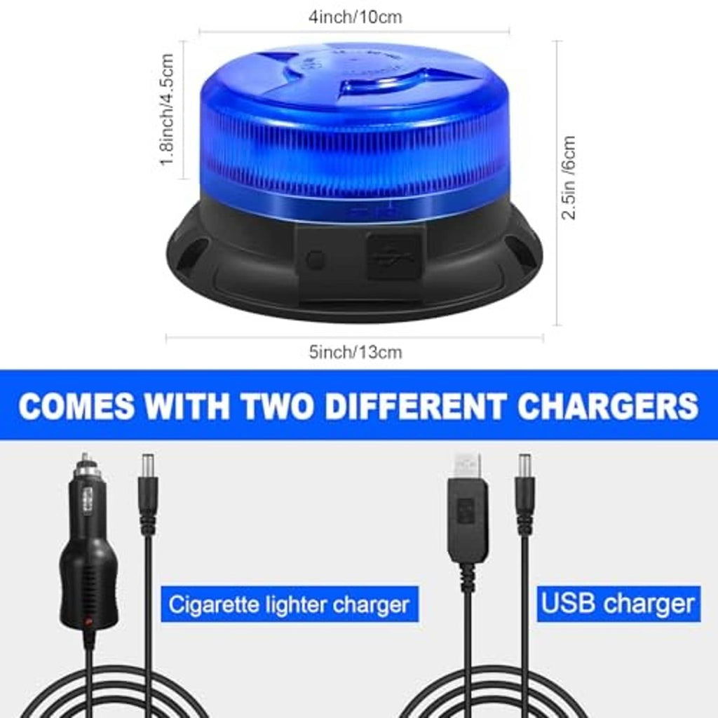 Blue LED beacon light with size diagram and included cigarette-lighter and USB chargers