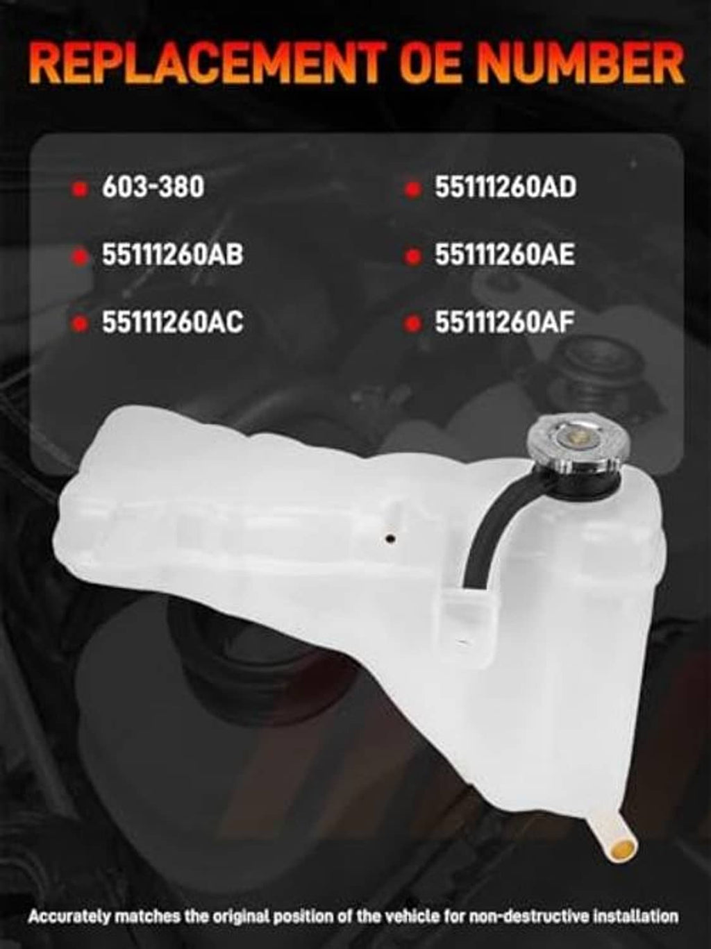 Engine coolant reservoir tank with cap and outlet, replacement number graphic background.