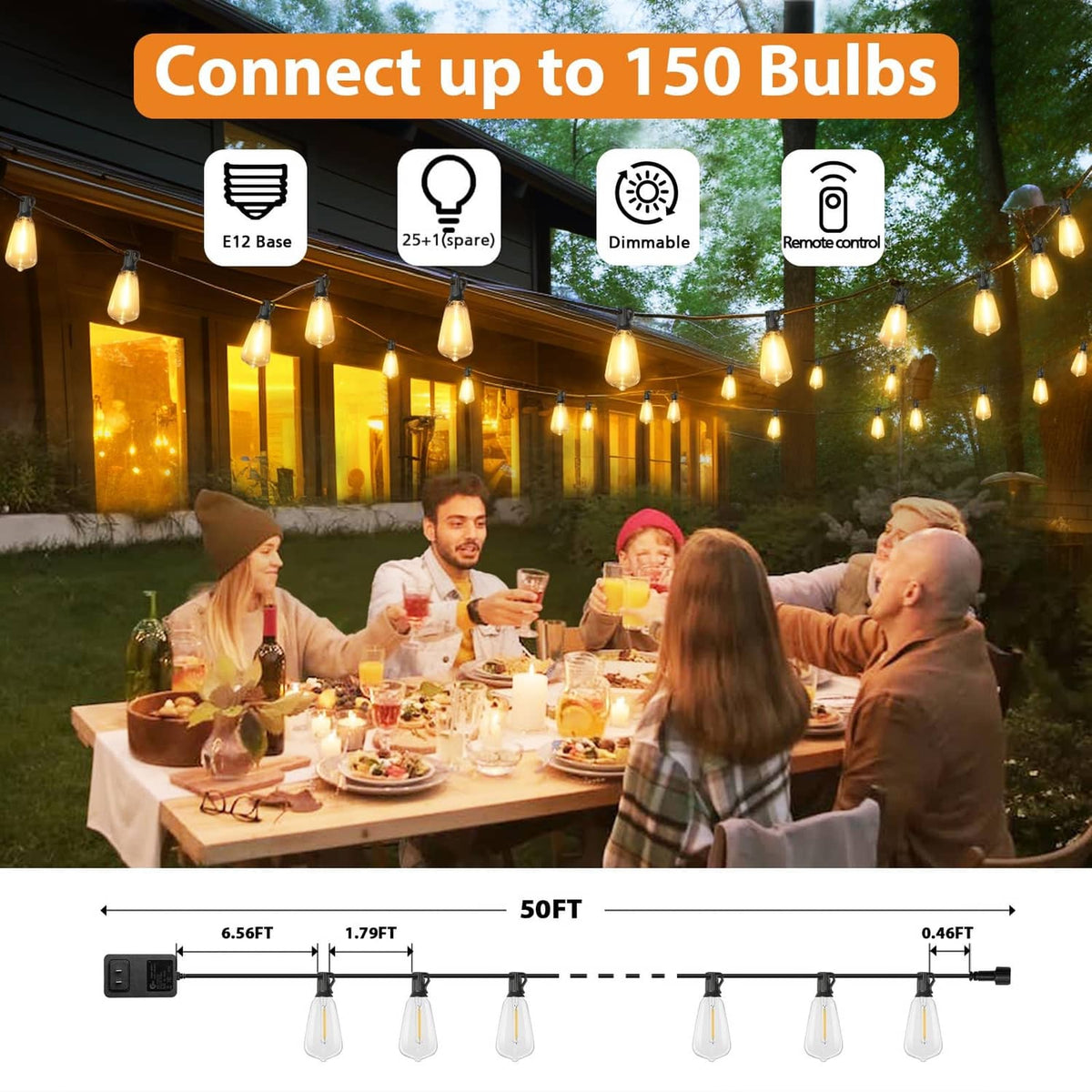Outdoor string lights set with black control box and dimmable string, up to 50 ft