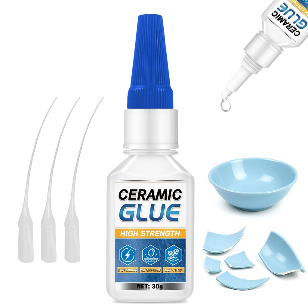 Ceramic glue repair kit bottle with blue cap and clear glue applicator tips, 30 g