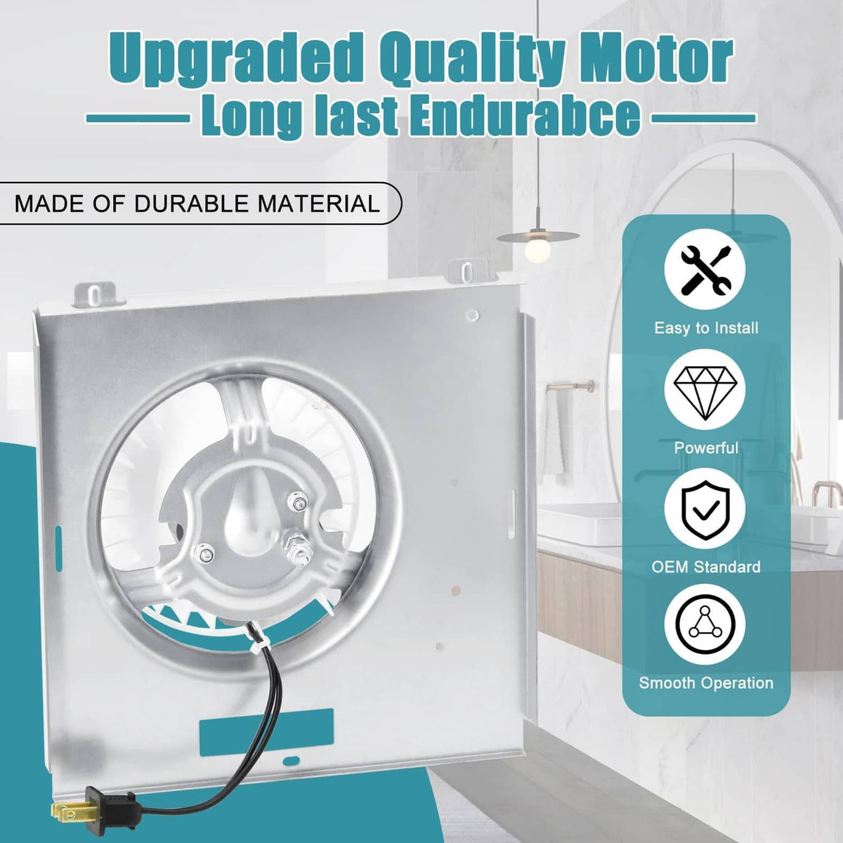 Bathroom fan motor assembly with fan wheel inside metal housing and visible wiring