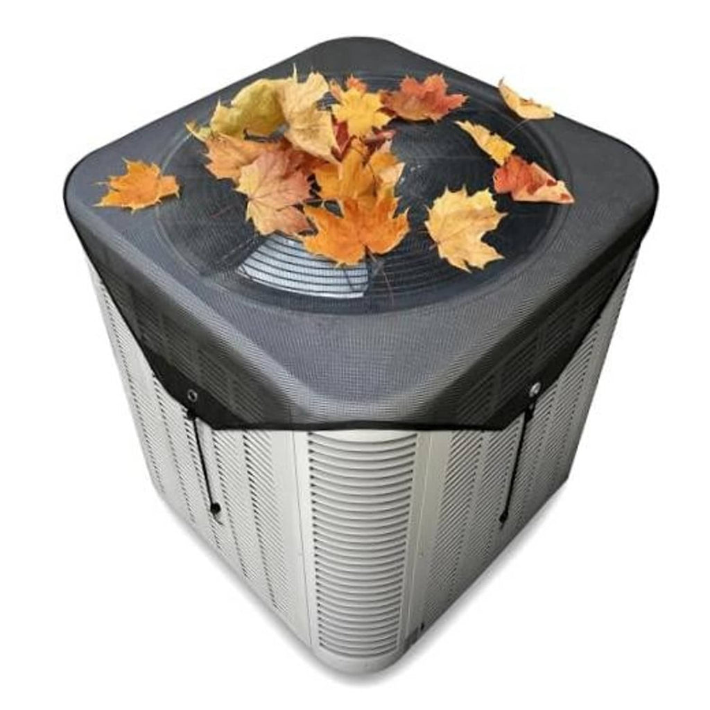 Outdoor AC unit mesh cover with black top and breathable sides, laid over condenser.